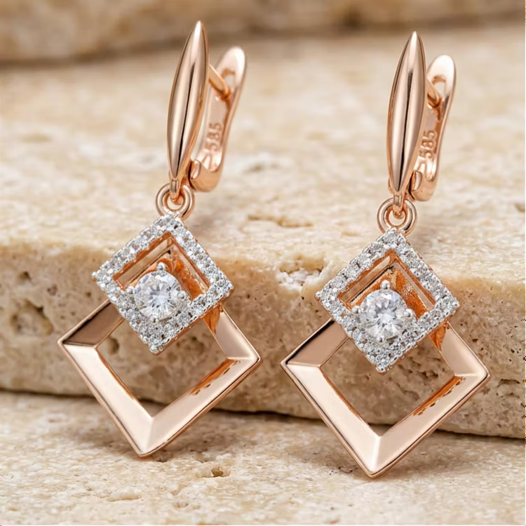 Aoaome Rose Gold Geometric Square Diamond Dangle Earrings