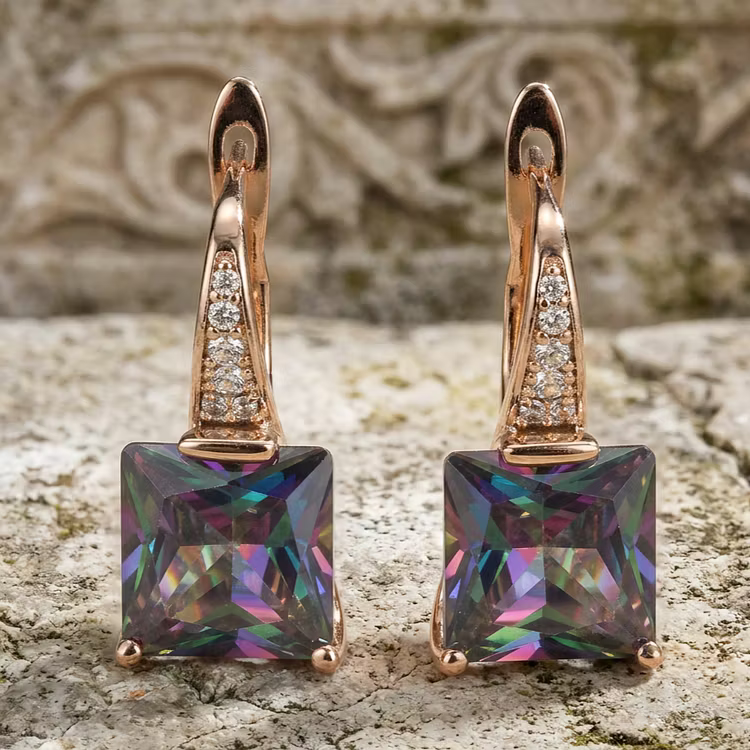 Aoaome Rose Gold Square Mystic Topaz Leverback Earrings