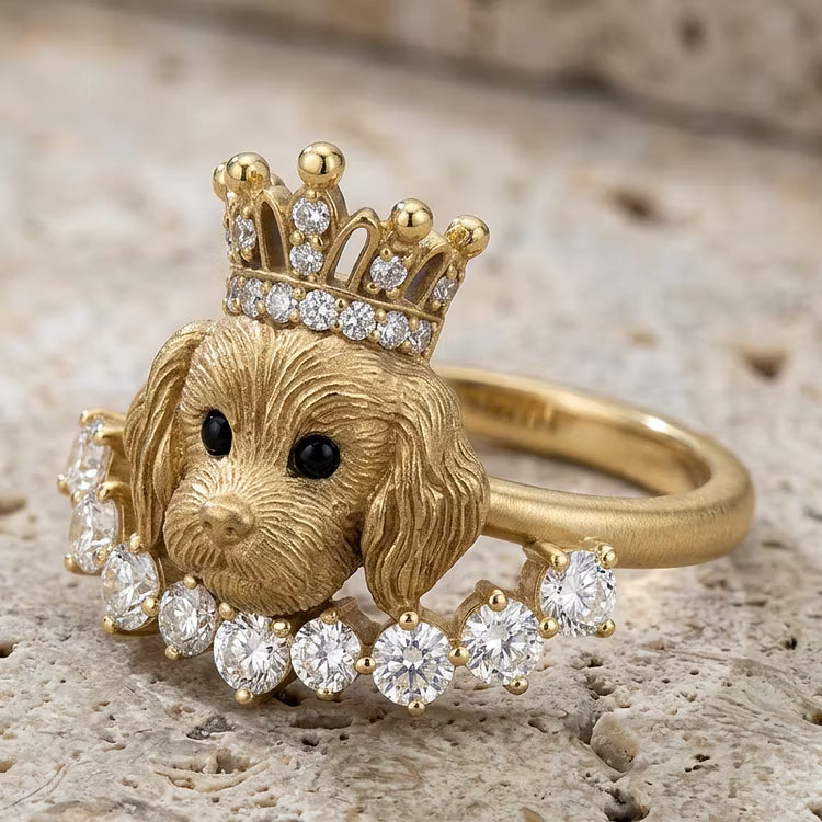 Aoaome "Royal Pup" Vintage Gold Dog with Diamond Crown Halo Rings