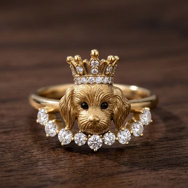 Aoaome "Royal Pup" Vintage Gold Dog with Diamond Crown Halo Rings