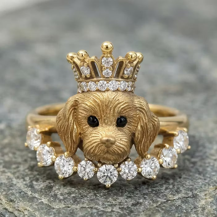 Aoaome "Royal Pup" Vintage Gold Dog with Diamond Crown Halo Rings