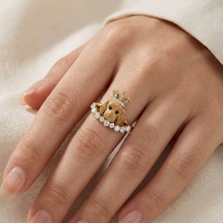 Aoaome "Royal Pup" Vintage Gold Dog with Diamond Crown Halo Rings