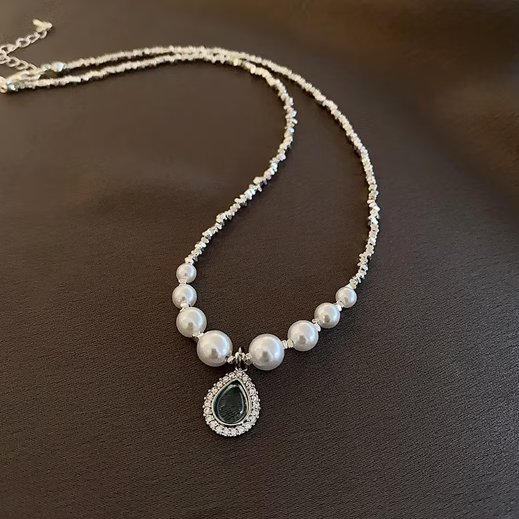 Aoaome Silver Pearl Zircon Water Droplet Necklaces