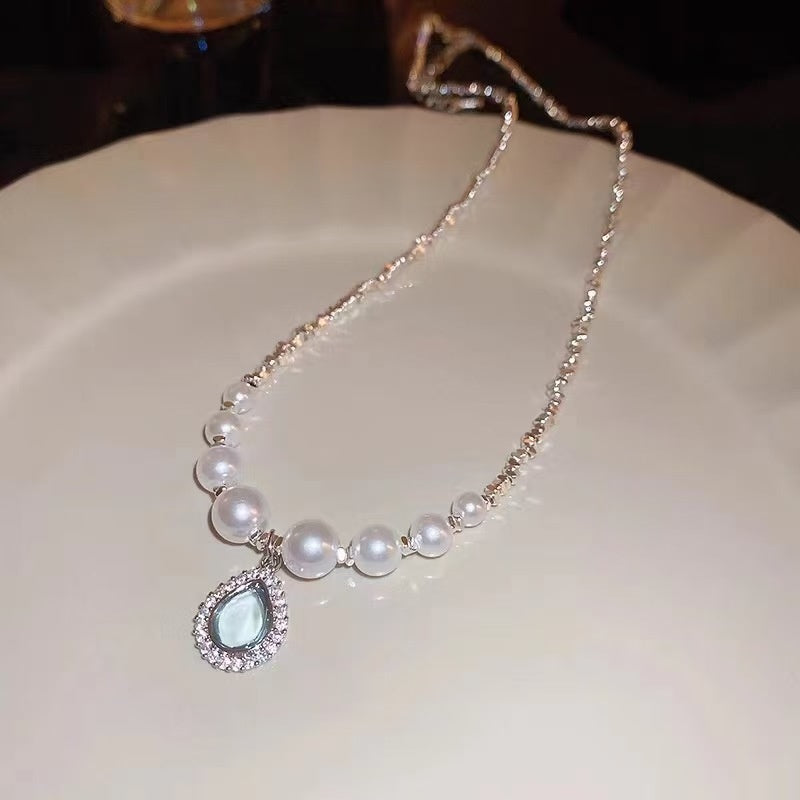 Aoaome Silver Pearl Zircon Water Droplet Necklaces