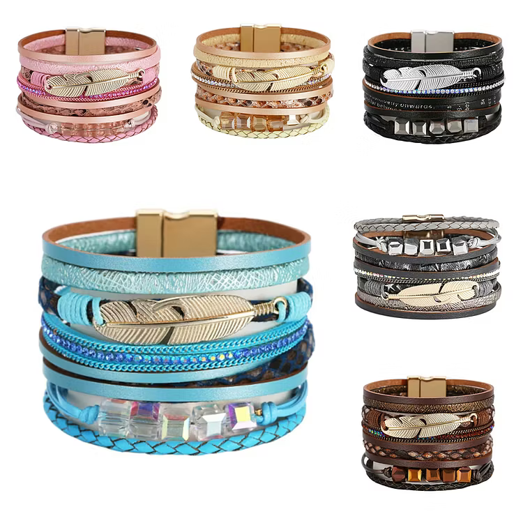 Aoaome Square Crystal Bead String Leather Bracelets