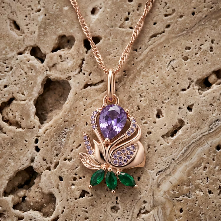 Aoaome Statement Rose Gold Teardrop Amethyst Flower Necklaces
