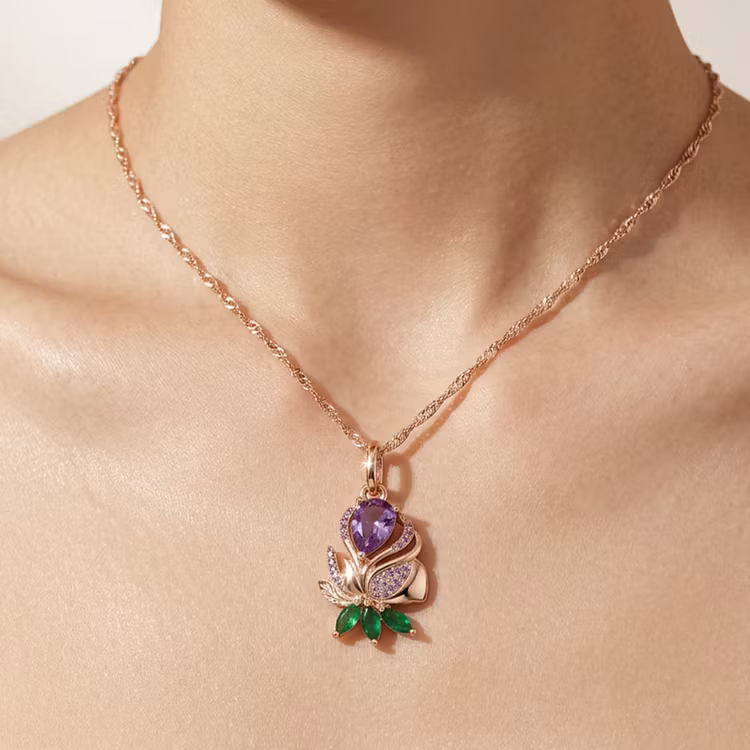 Aoaome Statement Rose Gold Teardrop Amethyst Flower Necklaces