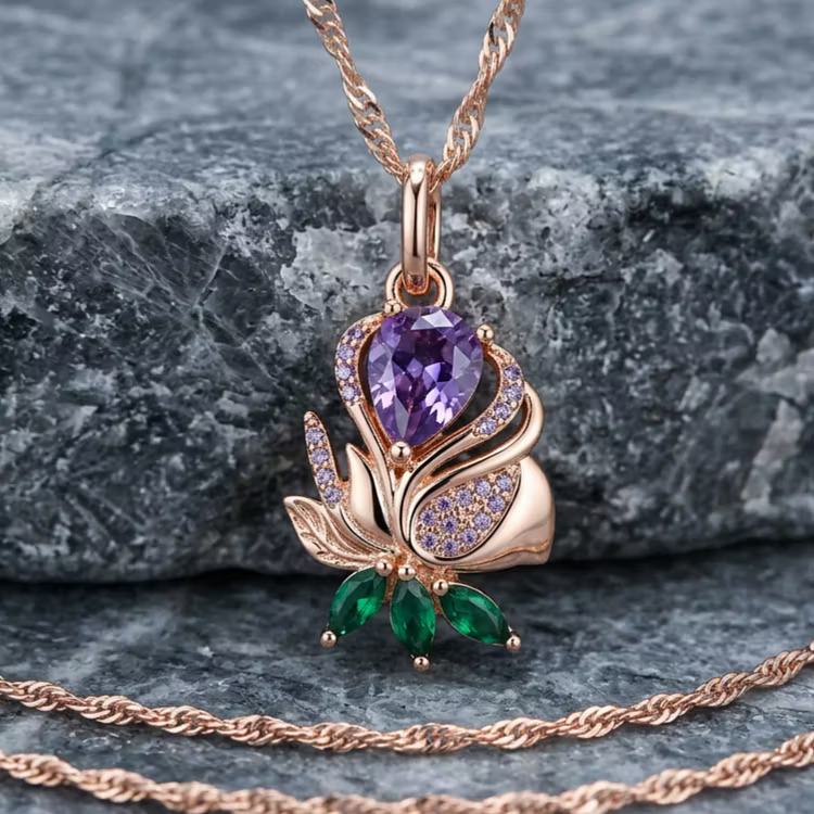 Aoaome Statement Rose Gold Teardrop Amethyst Flower Necklaces