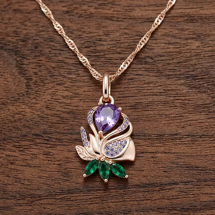 Aoaome Statement Rose Gold Teardrop Amethyst Flower Necklaces