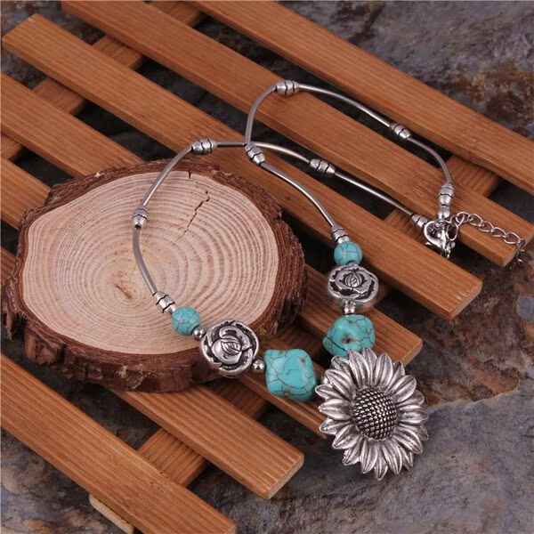 Aoaome Sterling Silver Boho Sunflower Turquoise Necklaces