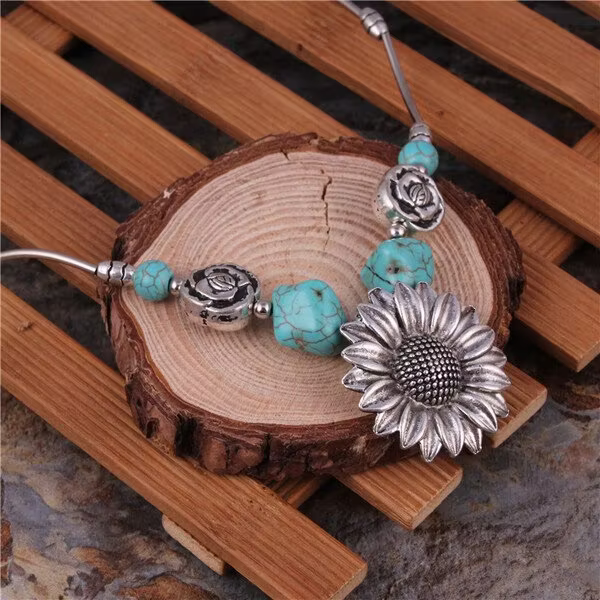 Aoaome Sterling Silver Boho Sunflower Turquoise Necklaces