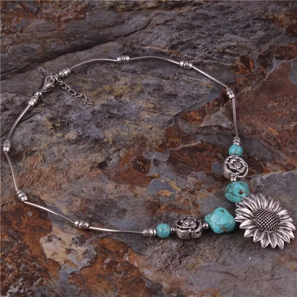 Aoaome Sterling Silver Boho Sunflower Turquoise Necklaces