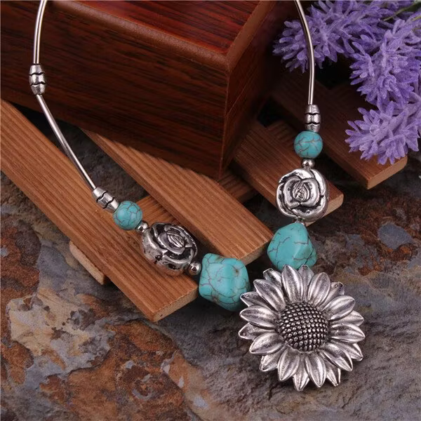 Aoaome Sterling Silver Boho Sunflower Turquoise Necklaces