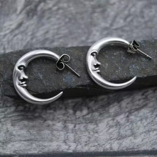Aoaome Vintage Antique Silver Engraved Thick MOON Hoop Earrings