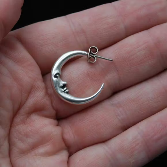 Aoaome Vintage Antique Silver Engraved Thick MOON Hoop Earrings