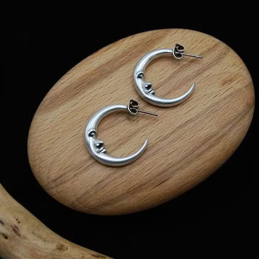Aoaome Vintage Antique Silver Engraved Thick MOON Hoop Earrings
