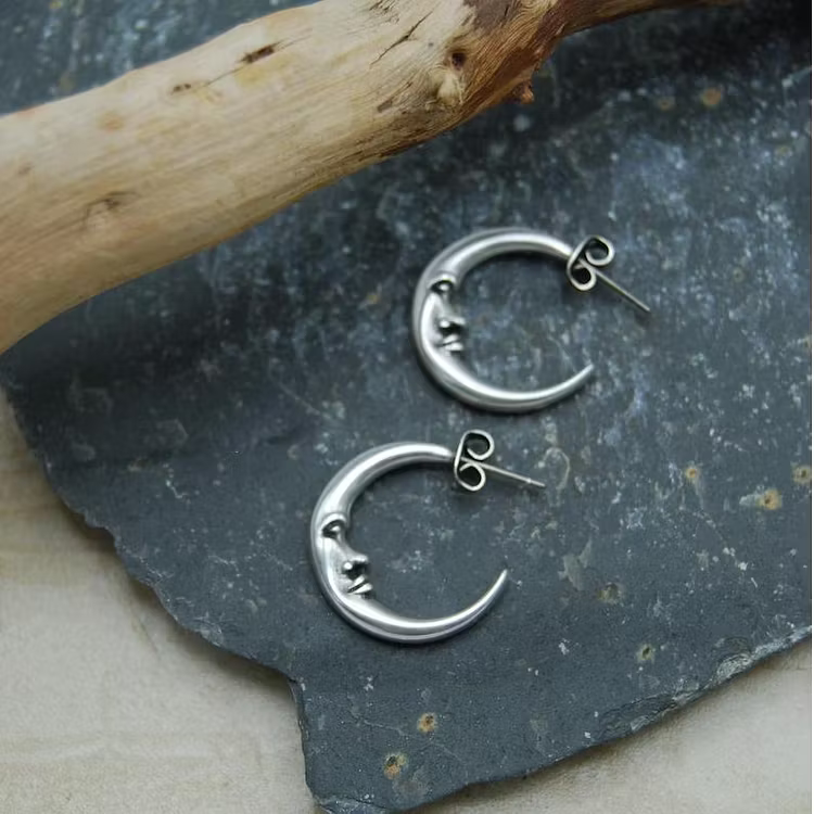 Aoaome Vintage Antique Silver Engraved Thick MOON Hoop Earrings