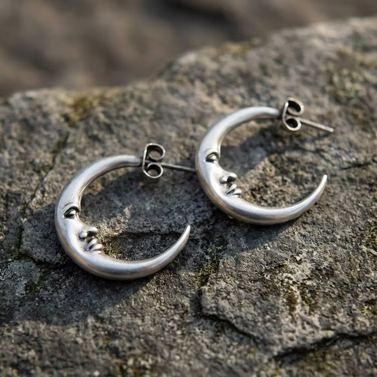 Aoaome Vintage Antique Silver Engraved Thick MOON Hoop Earrings