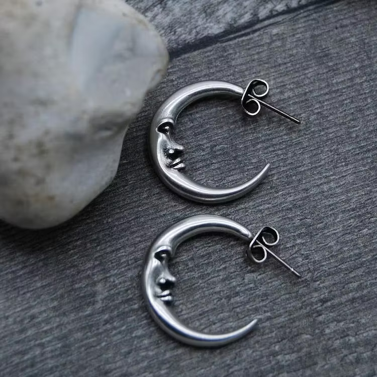 Aoaome Vintage Antique Silver Engraved Thick MOON Hoop Earrings