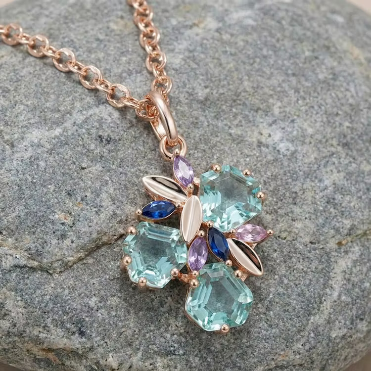 Aoaome Vintage Aquamarine Floral Cluster Pendant Necklaces