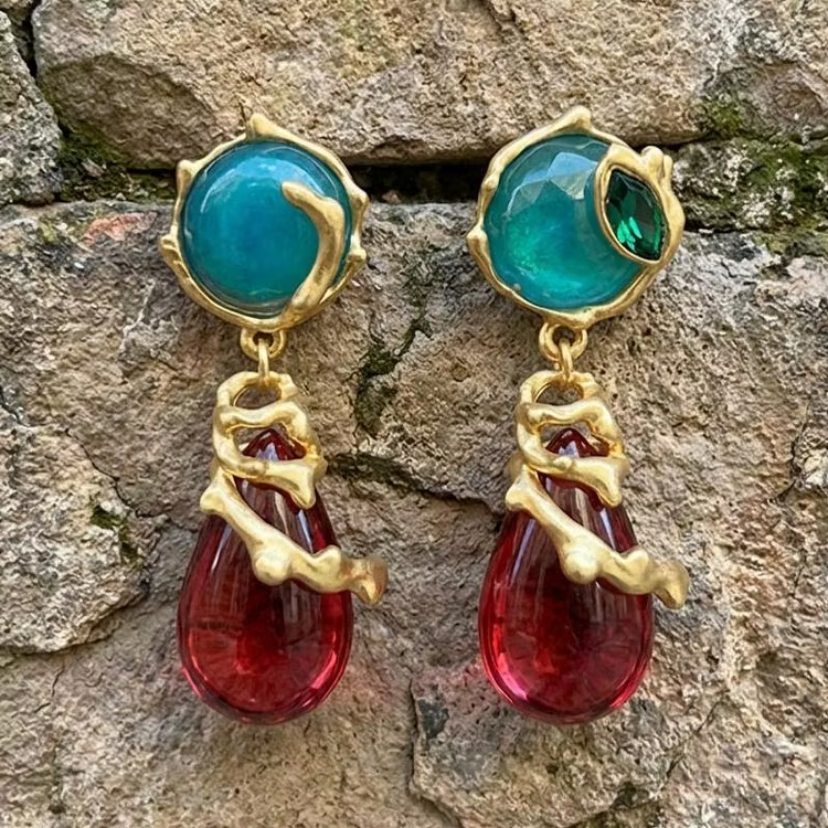 Aoaome Vintage Artisan Two-Tone Gem Drop Earrings