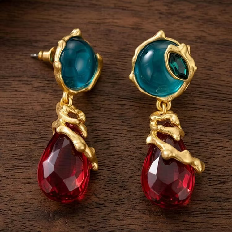 Aoaome Vintage Artisan Two-Tone Gem Drop Earrings