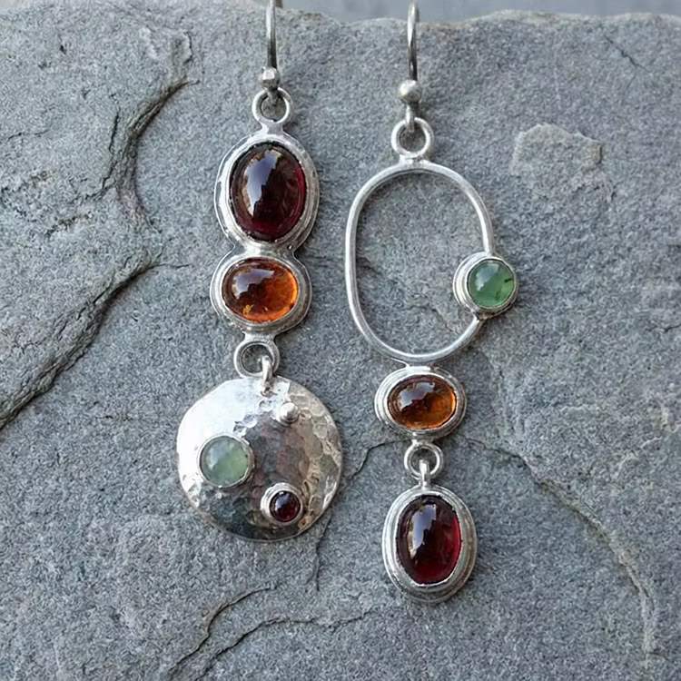 Aoaome Vintage Asymmetric Multi-Gemstone Silver Earrings