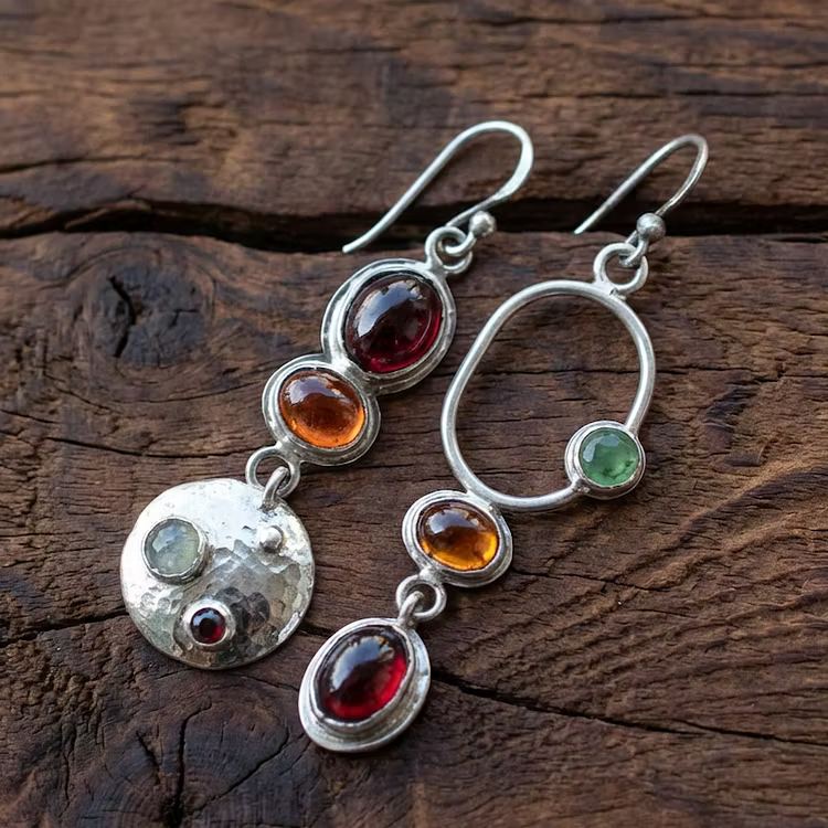 Aoaome Vintage Asymmetric Multi-Gemstone Silver Earrings