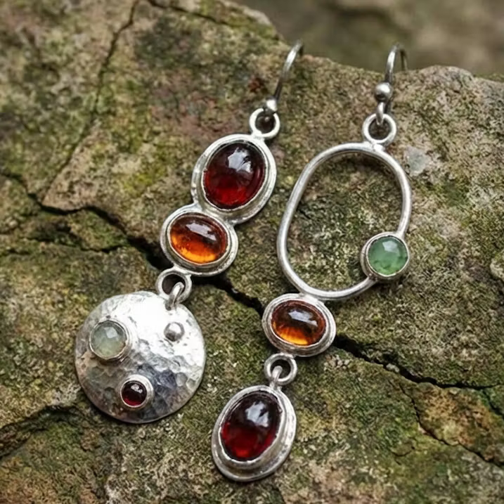 Aoaome Vintage Asymmetric Multi-Gemstone Silver Earrings