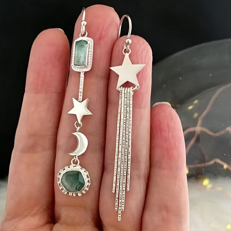 Aoaome Vintage Asymmetric Star Tassel with Moon and Crystals Inlay Earrings