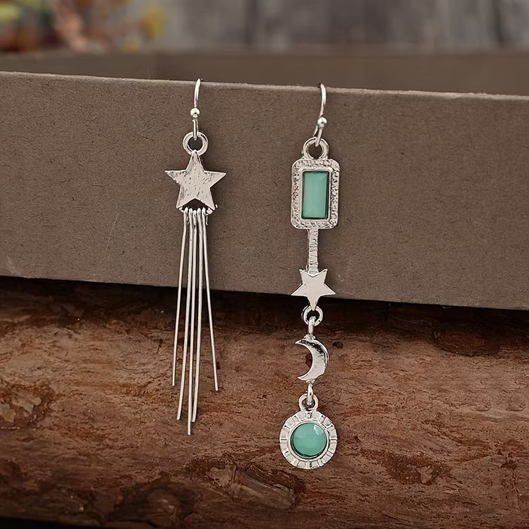 Aoaome Vintage Asymmetric Star Tassel with Moon and Crystals Inlay Earrings