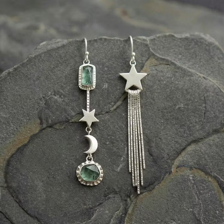 Aoaome Vintage Asymmetric Star Tassel with Moon and Crystals Inlay Earrings