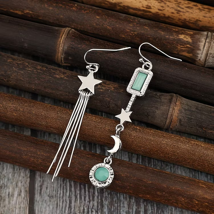 Aoaome Vintage Asymmetric Star Tassel with Moon and Crystals Inlay Earrings
