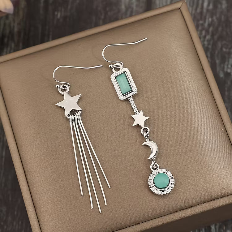 Aoaome Vintage Asymmetric Star Tassel with Moon and Crystals Inlay Earrings