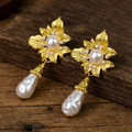 Aoaome Vintage Baroque Pearl Flower Drop Earrings