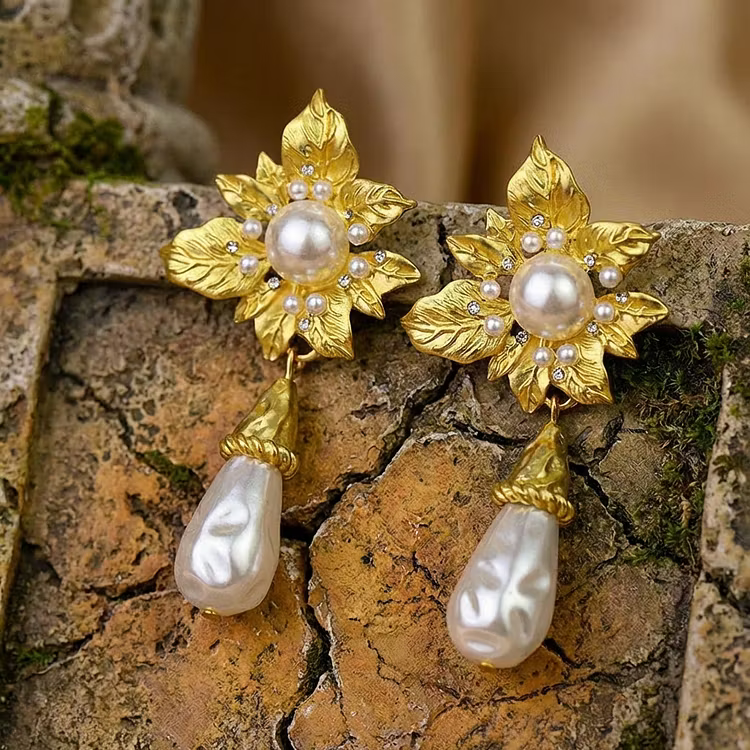Aoaome Vintage Baroque Pearl Flower Drop Earrings