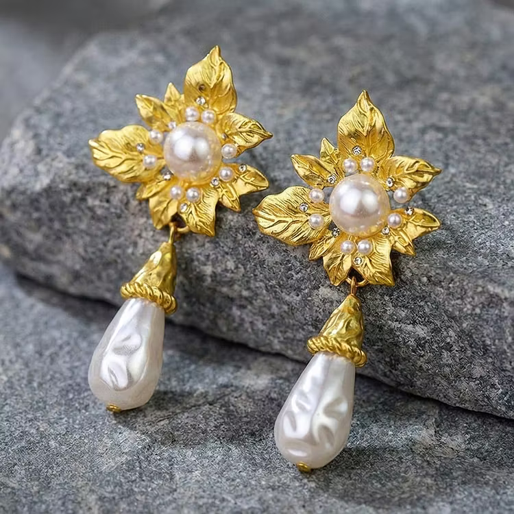 Aoaome Vintage Baroque Pearl Flower Drop Earrings