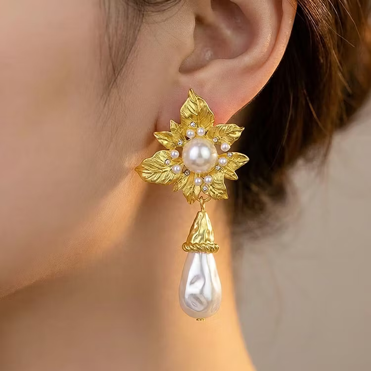 Aoaome Vintage Baroque Pearl Flower Drop Earrings