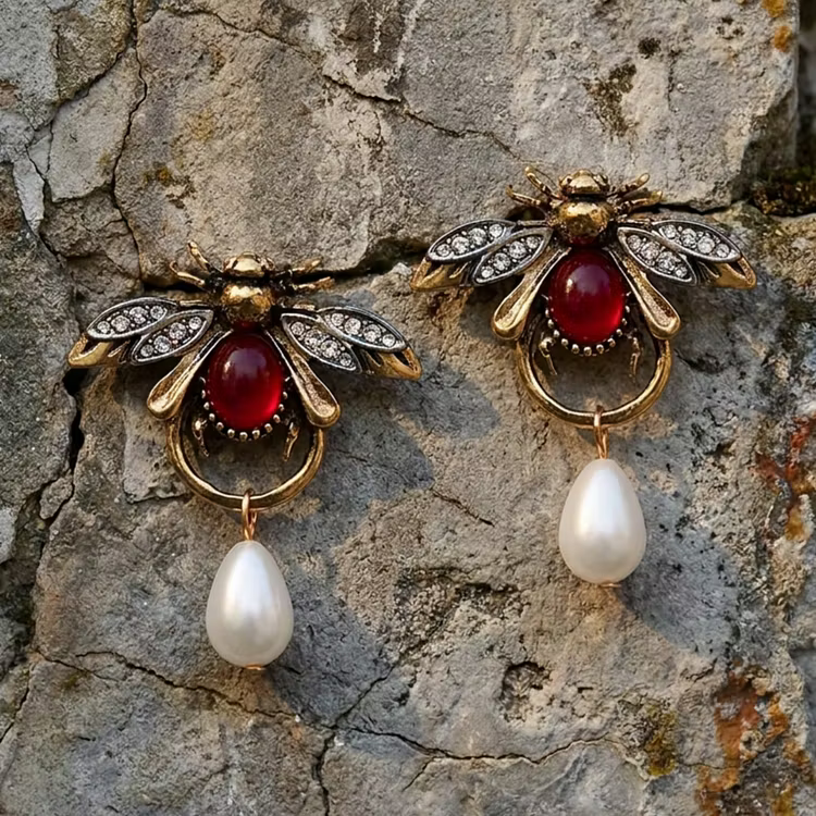 Aoaome Vintage Bee with Red Stone Pearl Drop Earrings