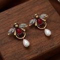 Aoaome Vintage Bee with Red Stone Pearl Drop Earrings