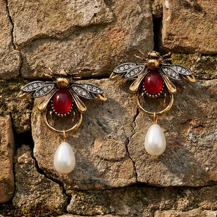 Aoaome Vintage Bee with Red Stone Pearl Drop Earrings