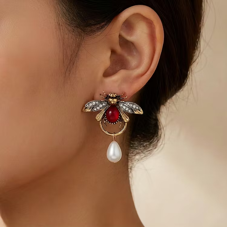 Aoaome Vintage Bee with Red Stone Pearl Drop Earrings