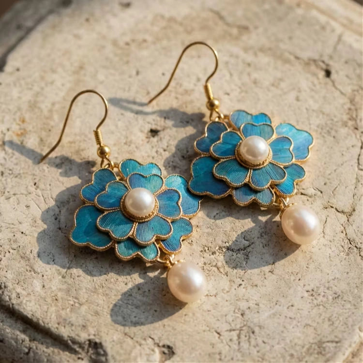 Aoaome Vintage Blue Lotus Pearl Dangling Earrings