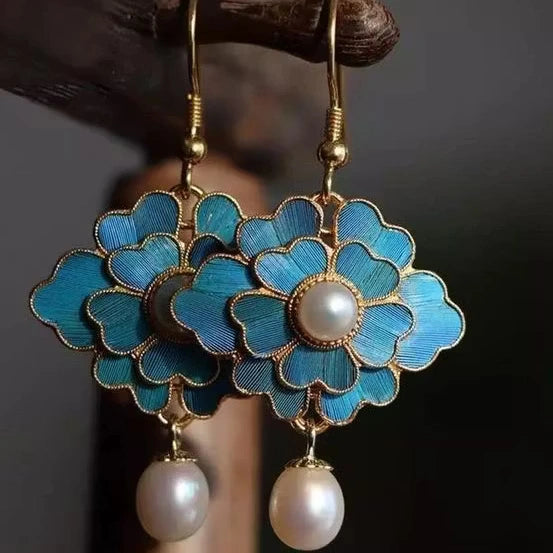 Aoaome Vintage Blue Lotus Pearl Dangling Earrings