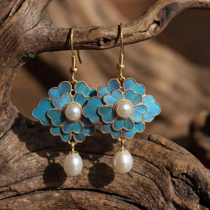 Aoaome Vintage Blue Lotus Pearl Dangling Earrings
