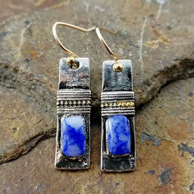 Aoaome Vintage Blue Patterned Stone Earrings