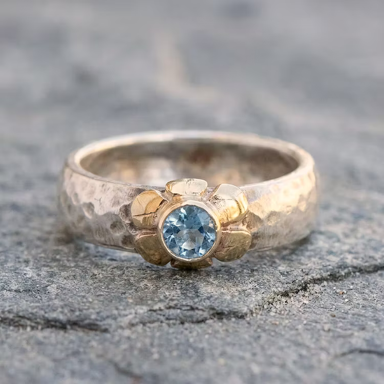 Aoaome Vintage Blue Topaz Flower Mixed Metal Rings