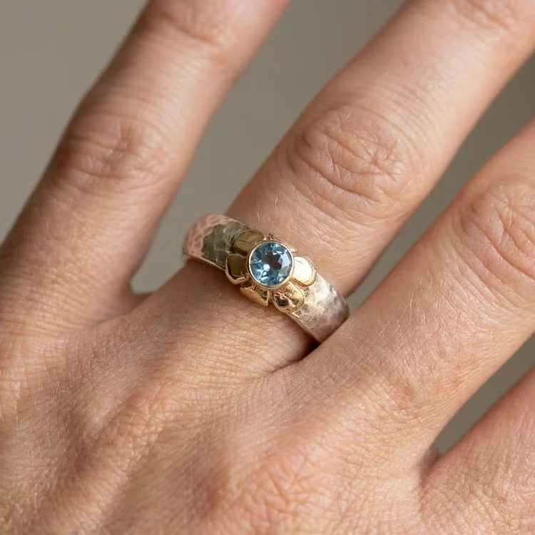 Aoaome Vintage Blue Topaz Flower Mixed Metal Rings