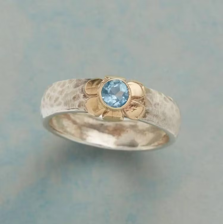 Aoaome Vintage Blue Topaz Flower Mixed Metal Rings