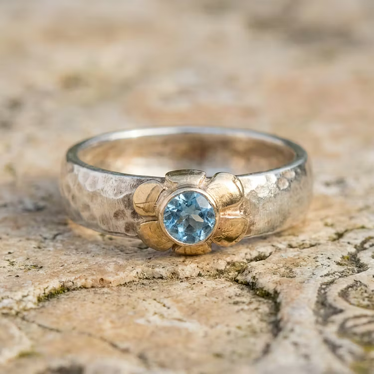Aoaome Vintage Blue Topaz Flower Mixed Metal Rings